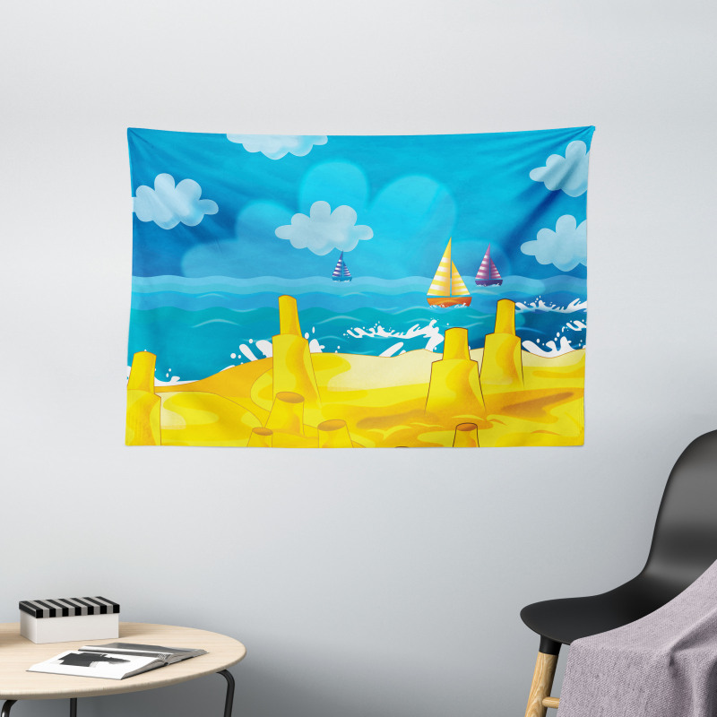 Vibrant Seaside Cartoon Scene Wide Tapestry