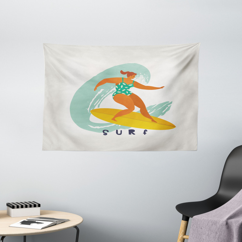 Woman Surfer on the Waves Art Wide Tapestry