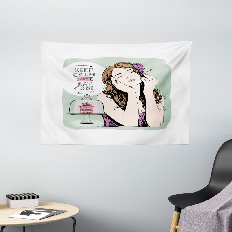 Eat Cake Text and Woman Wide Tapestry