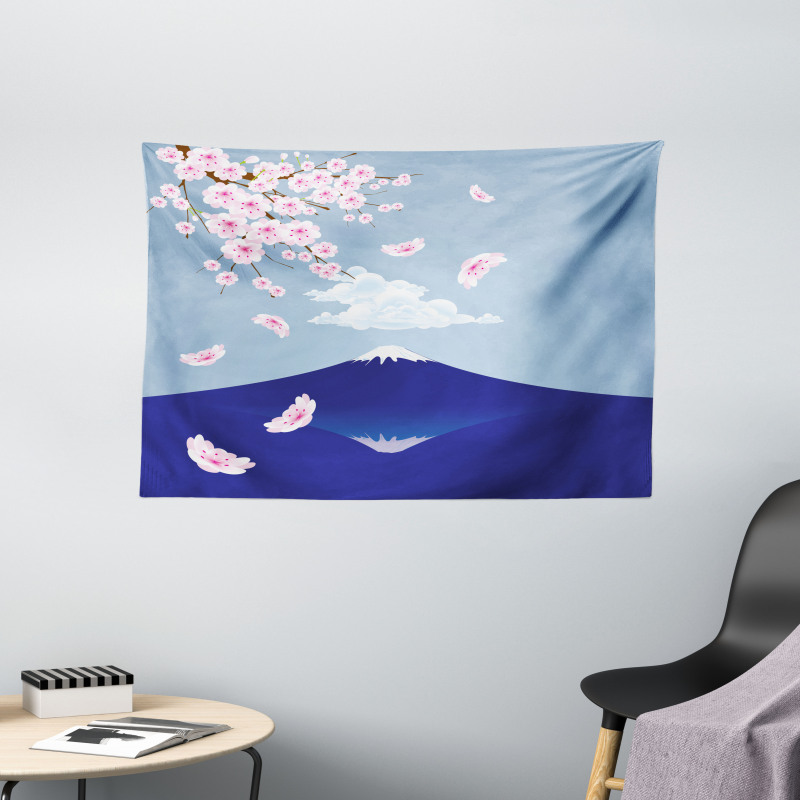 Mountain and Cherry Blossoms Wide Tapestry