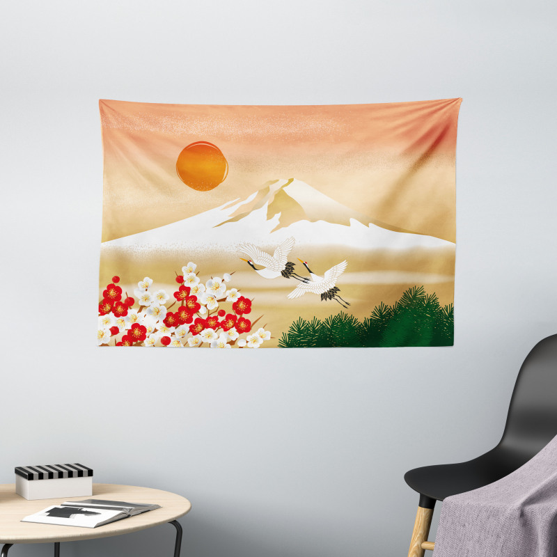 Japanese Landscape and Birds Wide Tapestry