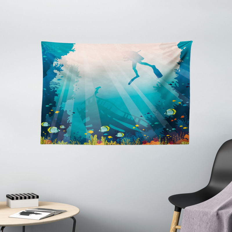 Underwater Elements Diver Wide Tapestry