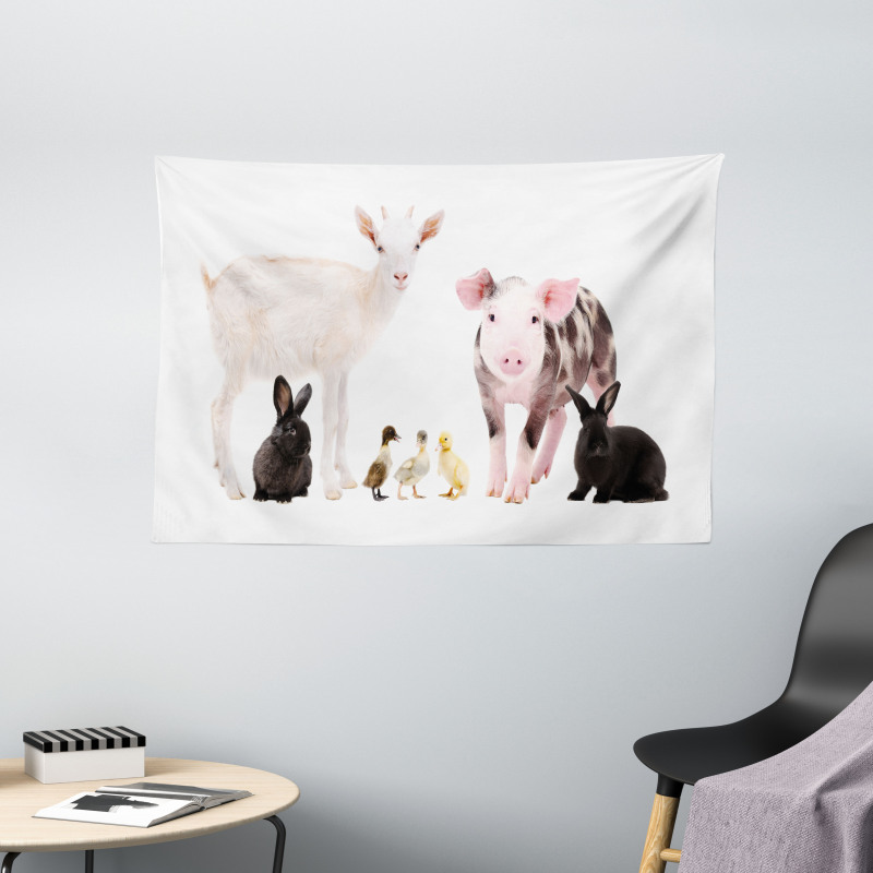 Ducks Pig Goat Bunnies Wide Tapestry