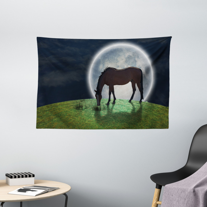 Horse on Hill Full Moon Wide Tapestry