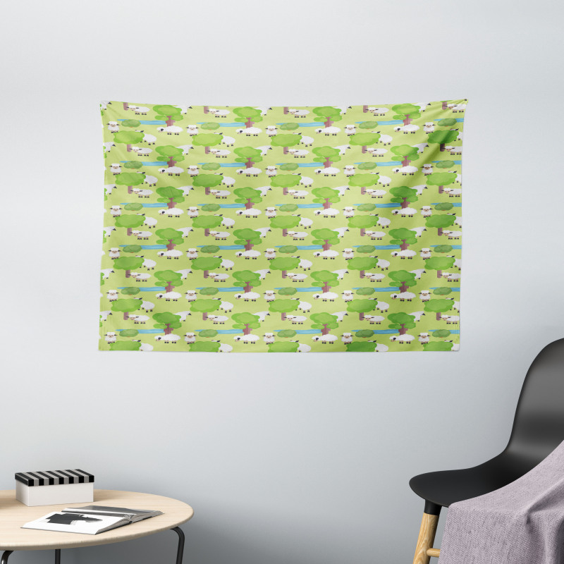 Cartoon Sheep in Forest Wide Tapestry