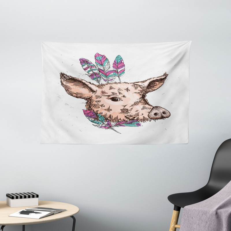 Pig Portrait Feathers Wide Tapestry