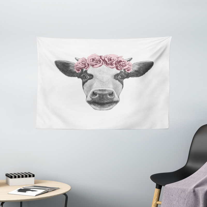 Cow with Roses Wreath Wide Tapestry