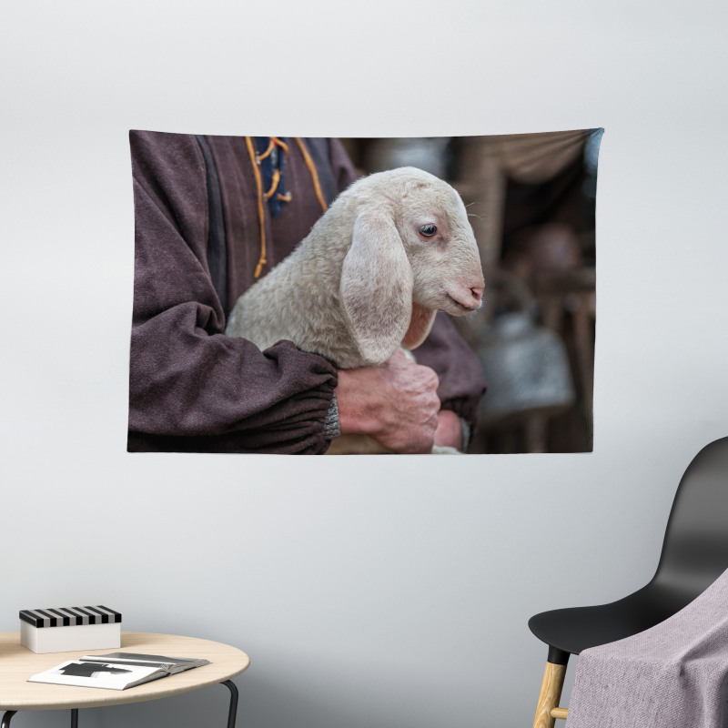 Baby Lamb Old Man Wide Tapestry