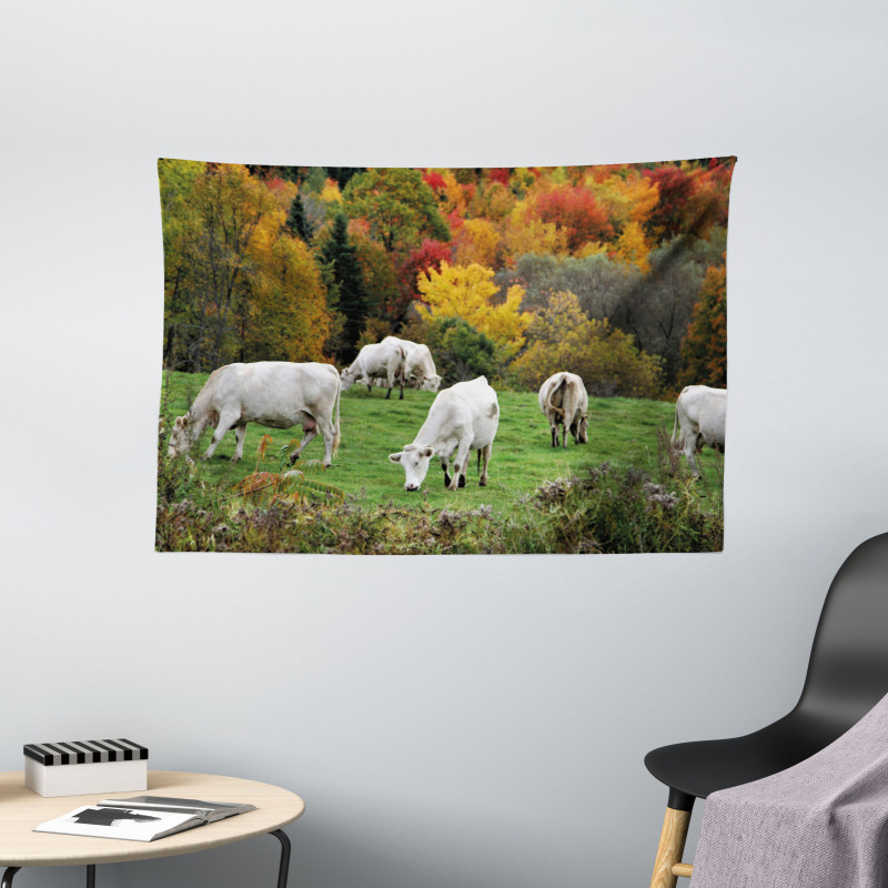 Cows on Autumn Hill Wide Tapestry