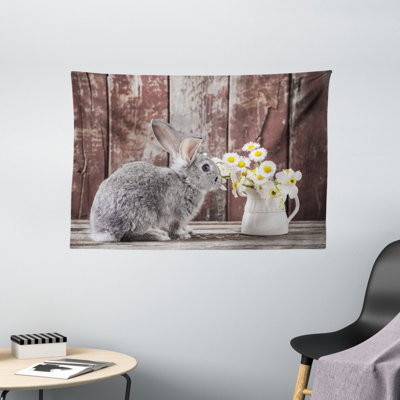 Rabbit Daisy Wooden Wide Tapestry