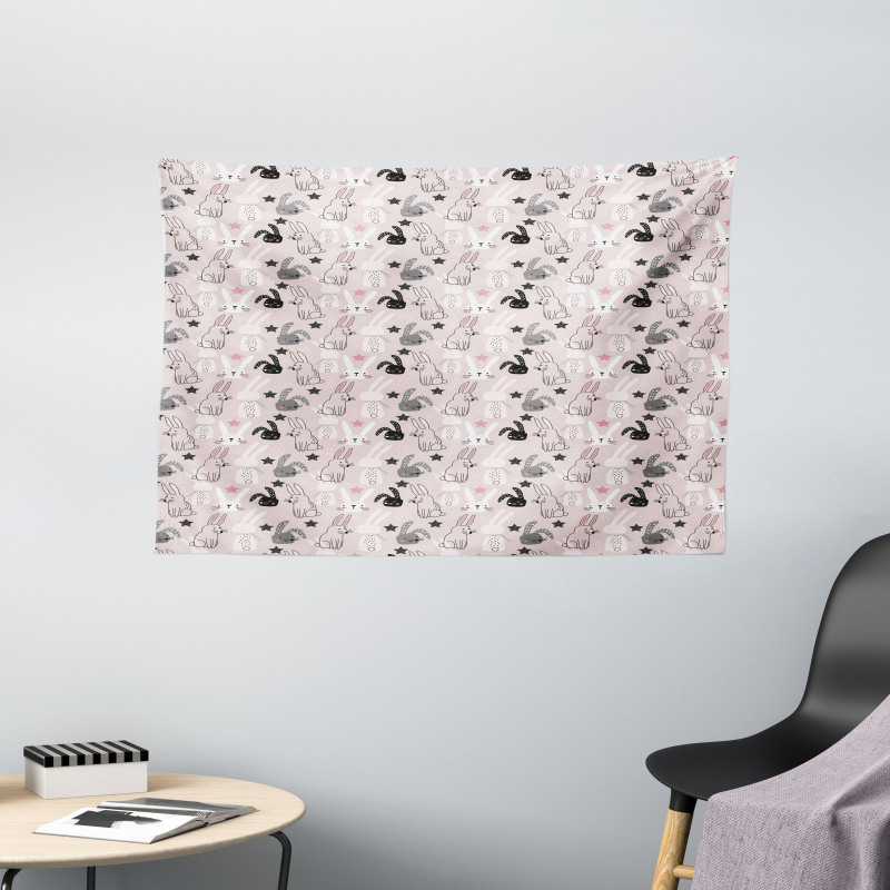 Bunnies Doodle Wide Tapestry