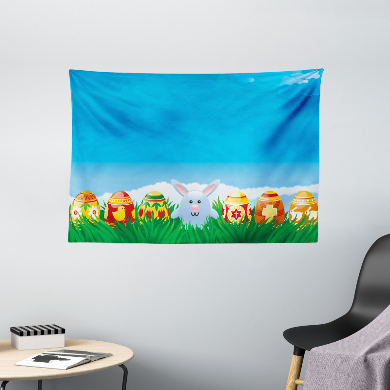 Cartoon Easter Rabbit Wide Tapestry