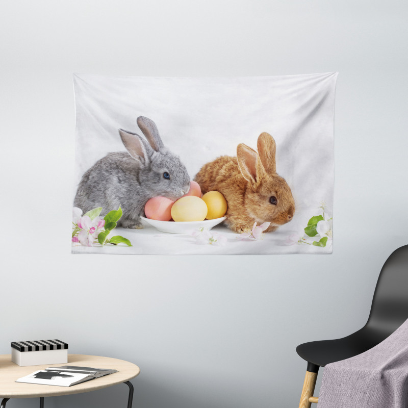 2 Rabbits with Eggs Wide Tapestry