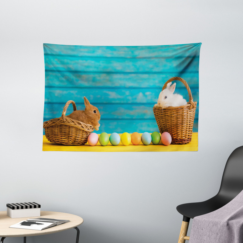 Rabbits in Baskets Wide Tapestry