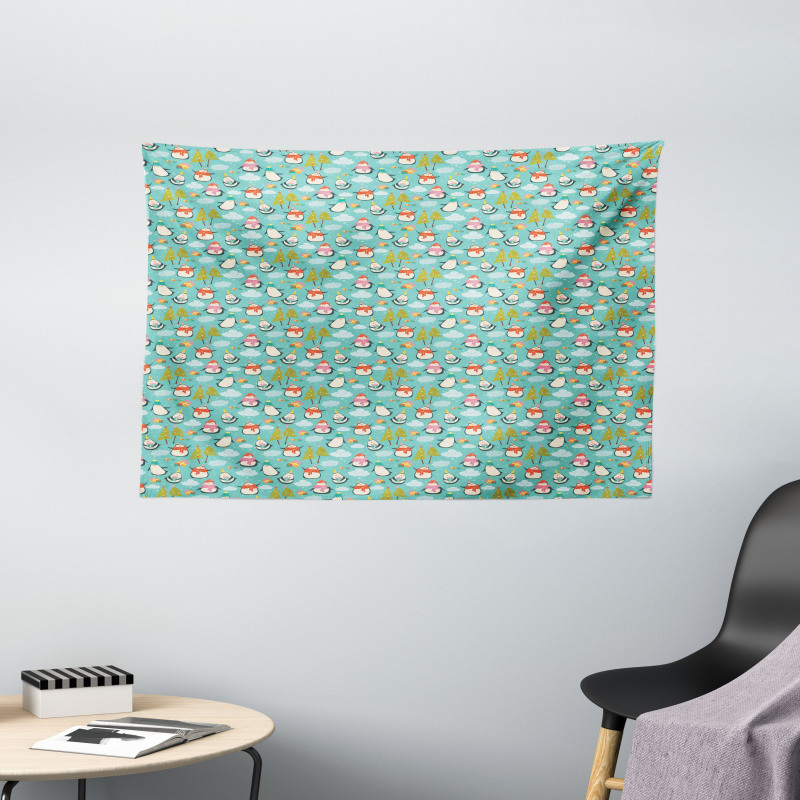 Happy Noel Penguins Gifts Wide Tapestry