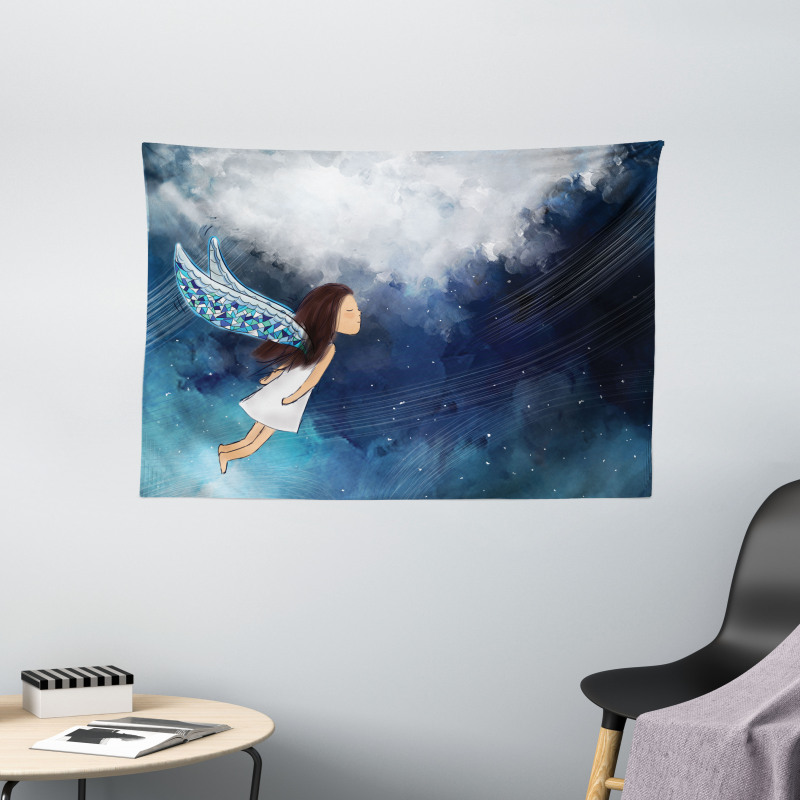 Magical Winged Girl in Sky Wide Tapestry