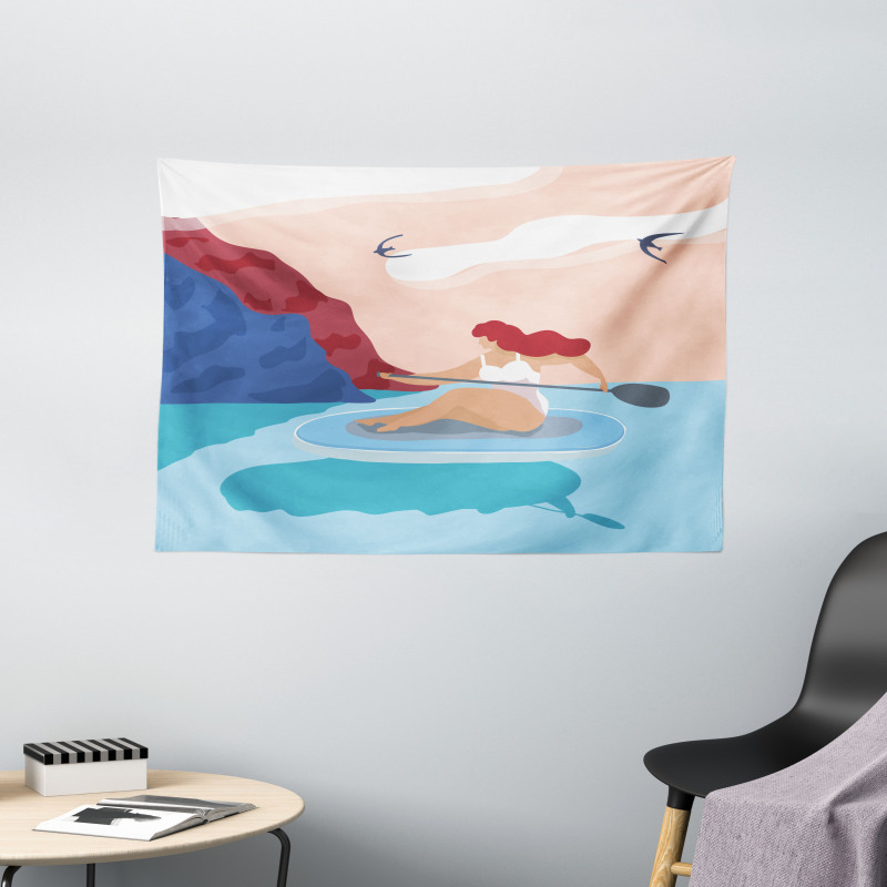 Girl on Surfboard Seascape Wide Tapestry