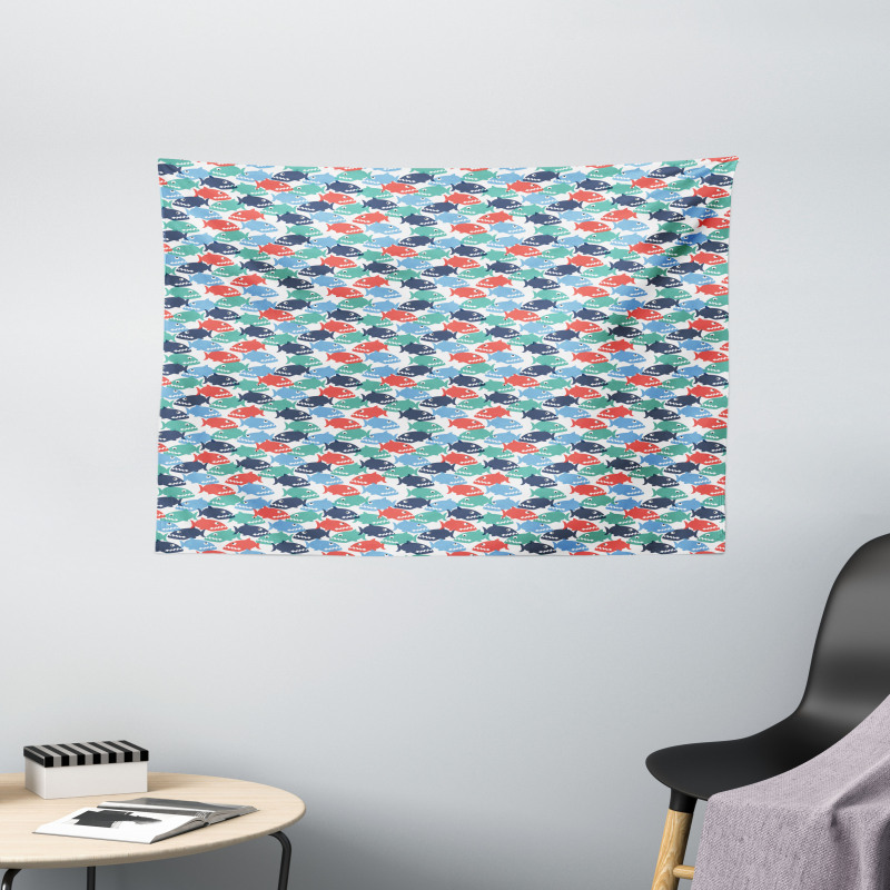 Colorful Cartoonish Piranha Wide Tapestry