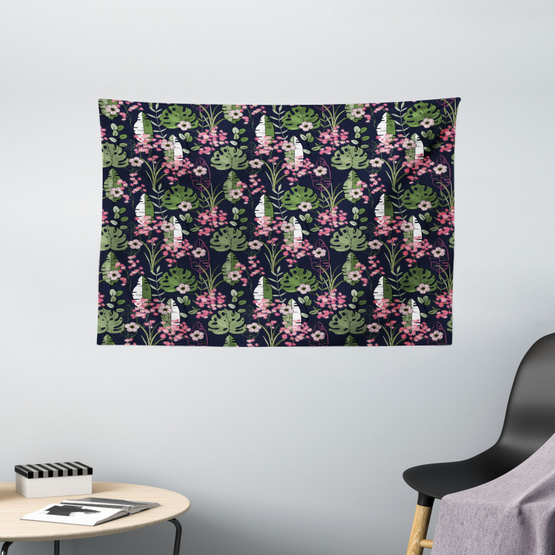 Palm Leaves Flowers Wide Tapestry