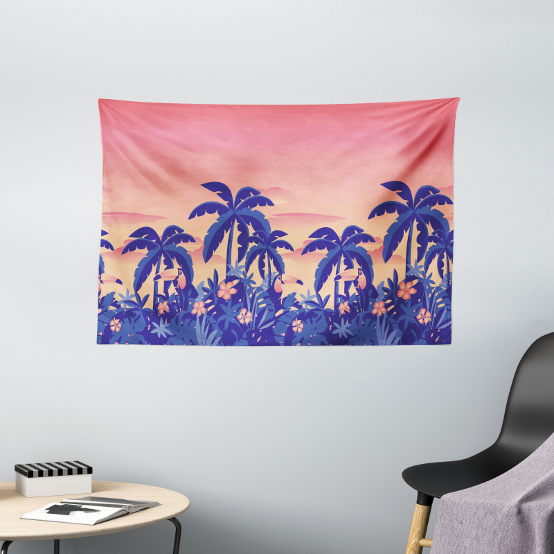 Palm Tree Toucan Sunset Art Wide Tapestry