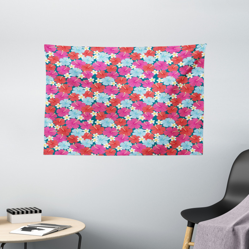 Vivid Tones Hibiscus Flowers Wide Tapestry