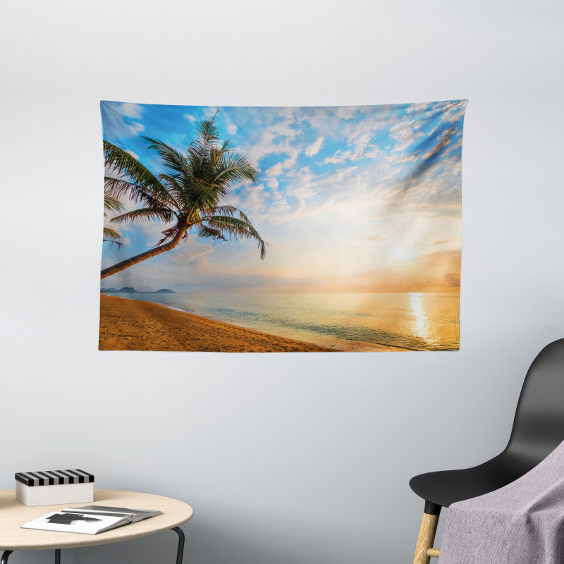 Exotic Sandy Beach Palm Tree Wide Tapestry