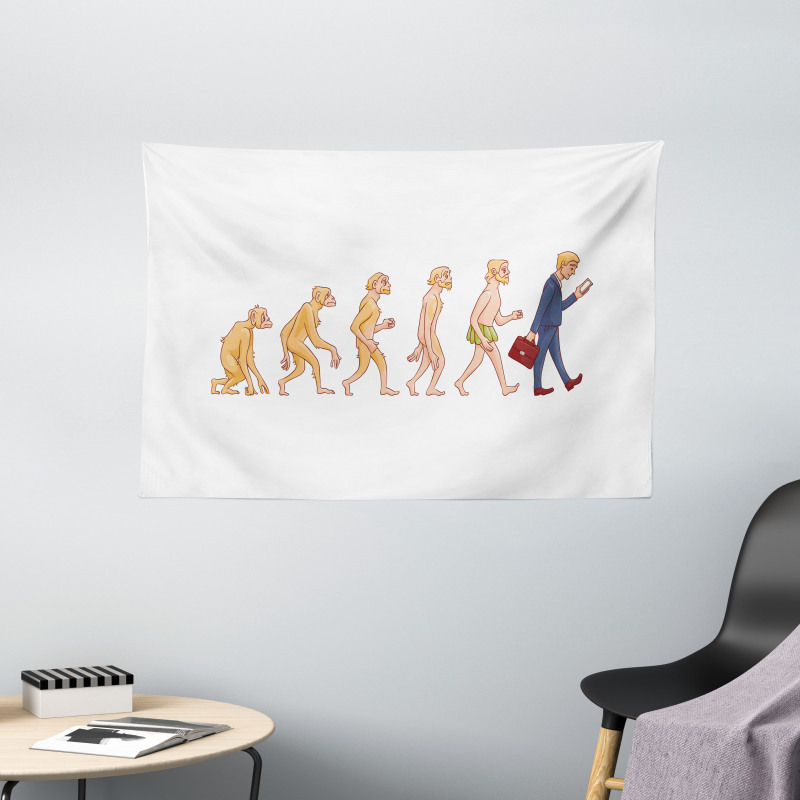 Ape to Man Cartoon Design Wide Tapestry