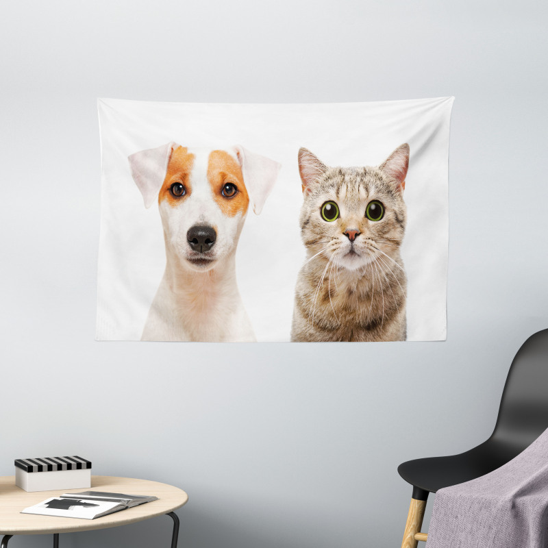 Portraits of Dog and Cat Wide Tapestry