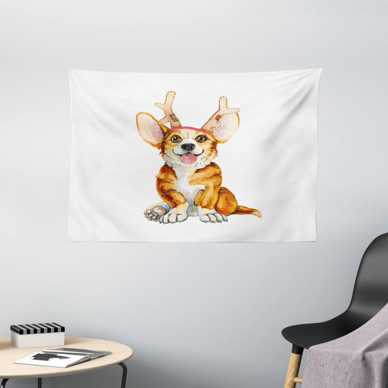 Corgi Dog with Deer Antlers Wide Tapestry