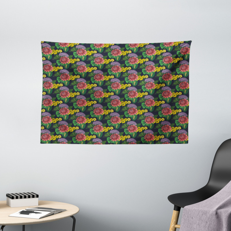 Tropical Leaf Jungle Flowers Wide Tapestry