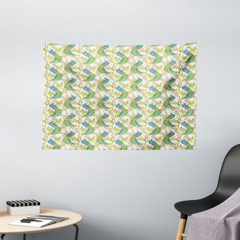 Vivid Birds on Branches Wide Tapestry