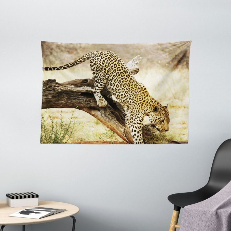 Leopard Wild Cat on Tree Wide Tapestry