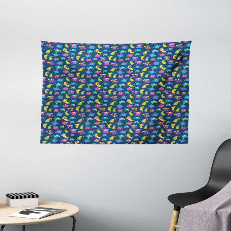 Funny Monsters Making Faces Wide Tapestry