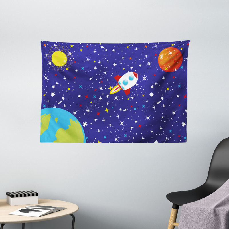 Starry Rocket Planets Wide Tapestry