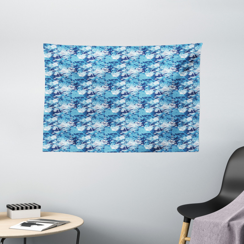 Blue Color Palette Roses Wide Tapestry