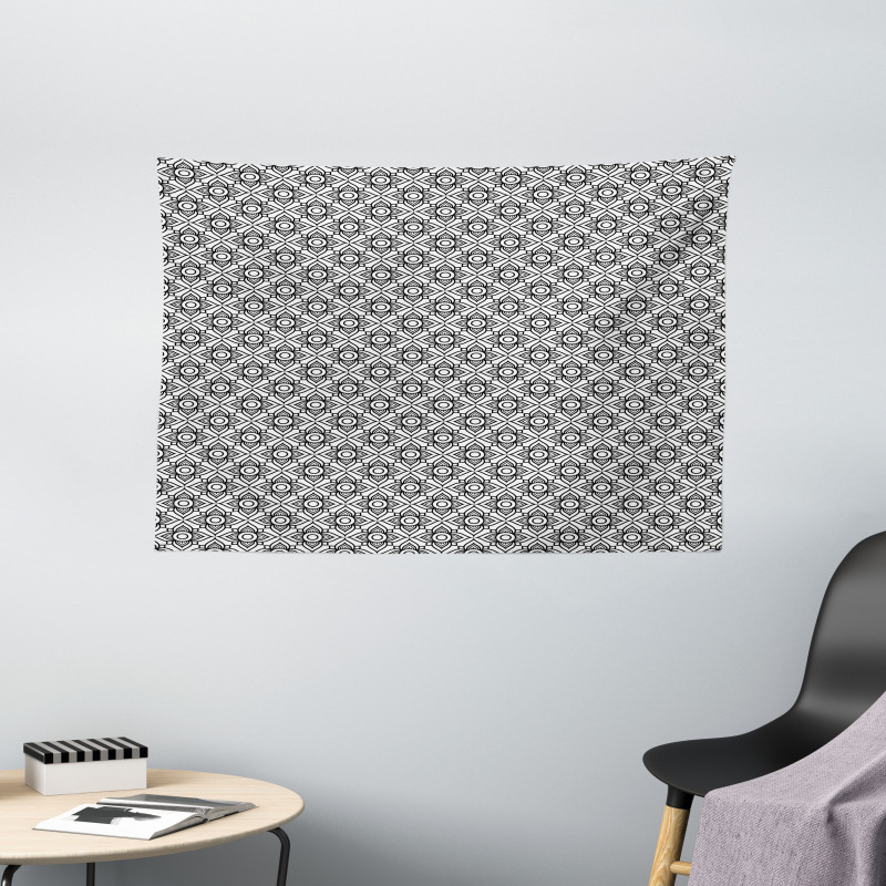 Monochrome Outline Flowers Wide Tapestry