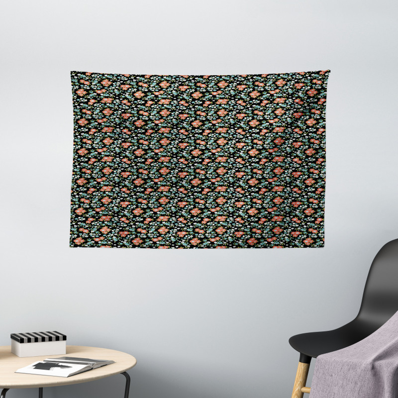 Flowers Bloom on Dark Wide Tapestry