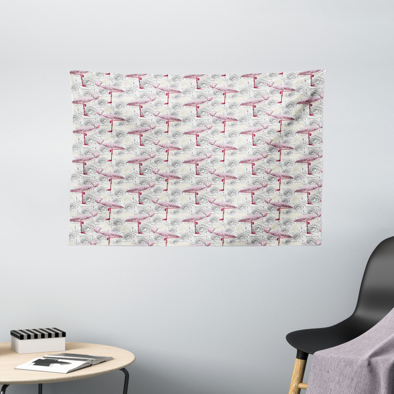 Roses and Flamingos Wide Tapestry