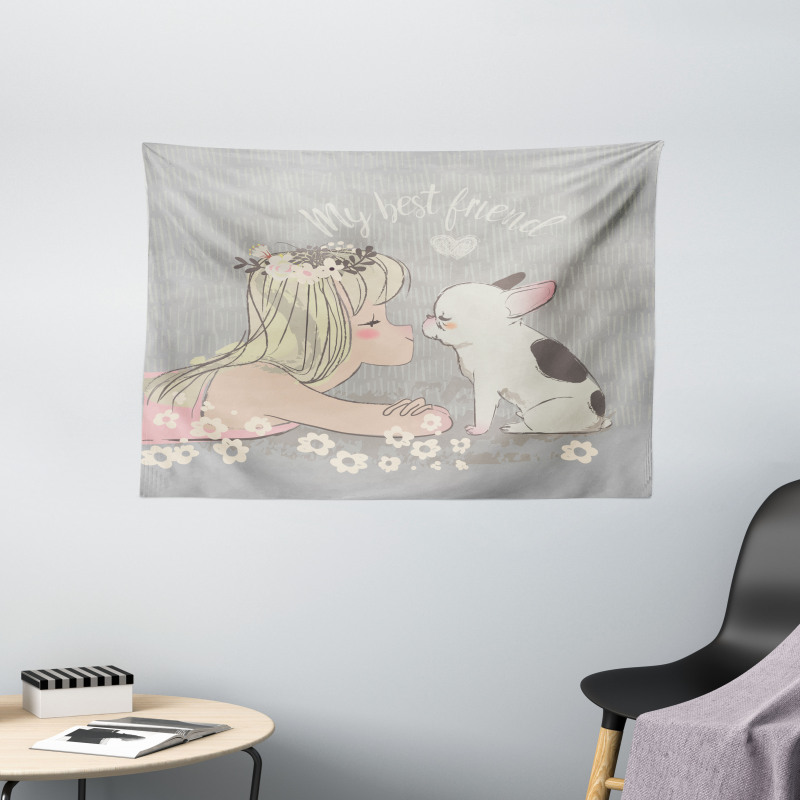 Girl Little Puppy Wide Tapestry