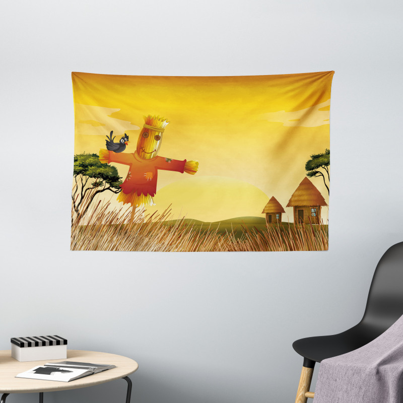 Farm Houses and Scarecrow Wide Tapestry