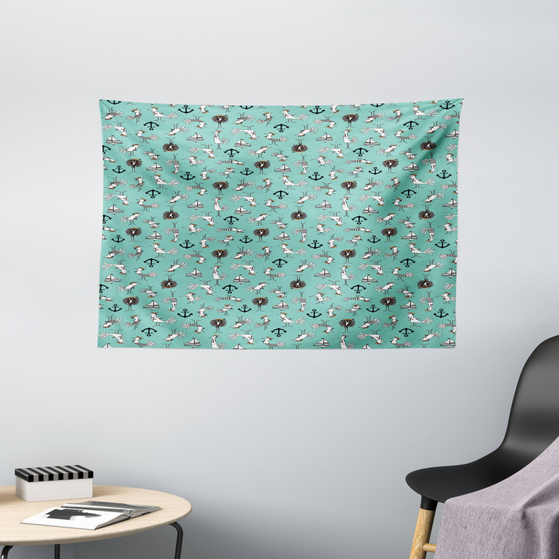 Sailor Birds Boats Anchors Wide Tapestry