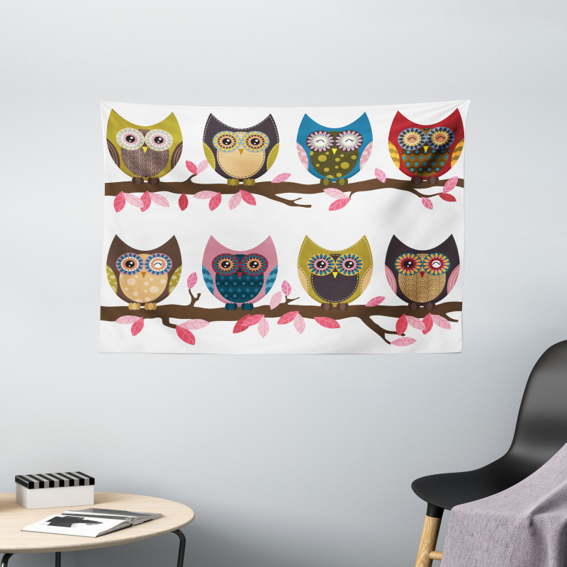 Birds Retro Art Style Wide Tapestry