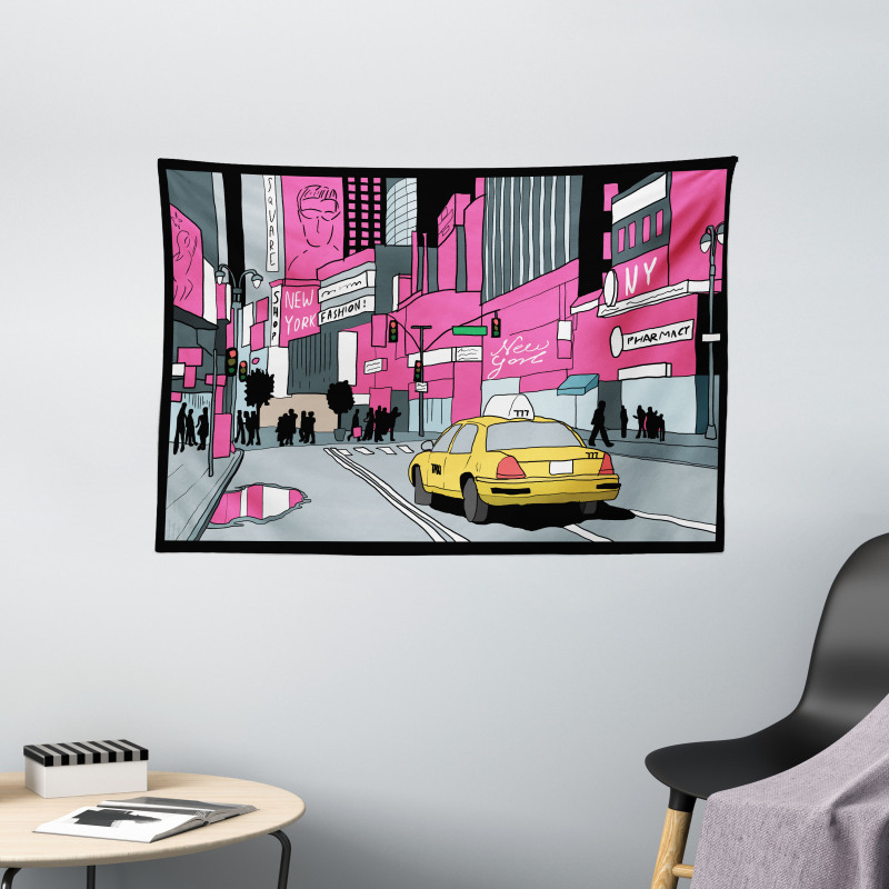 View of Manhattan and Taxi Wide Tapestry