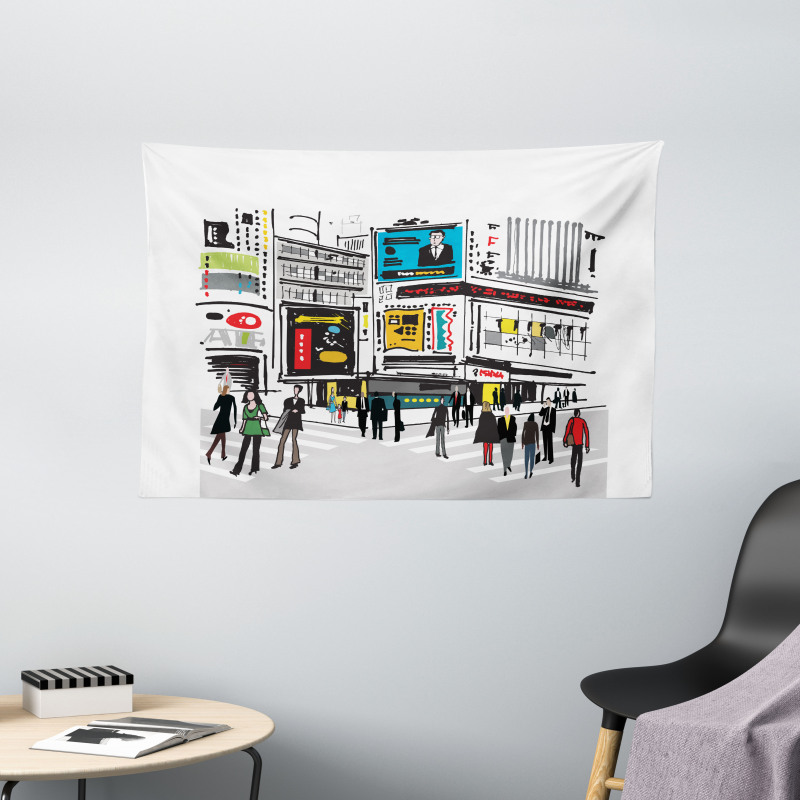 Pedestrians and Busy City Wide Tapestry