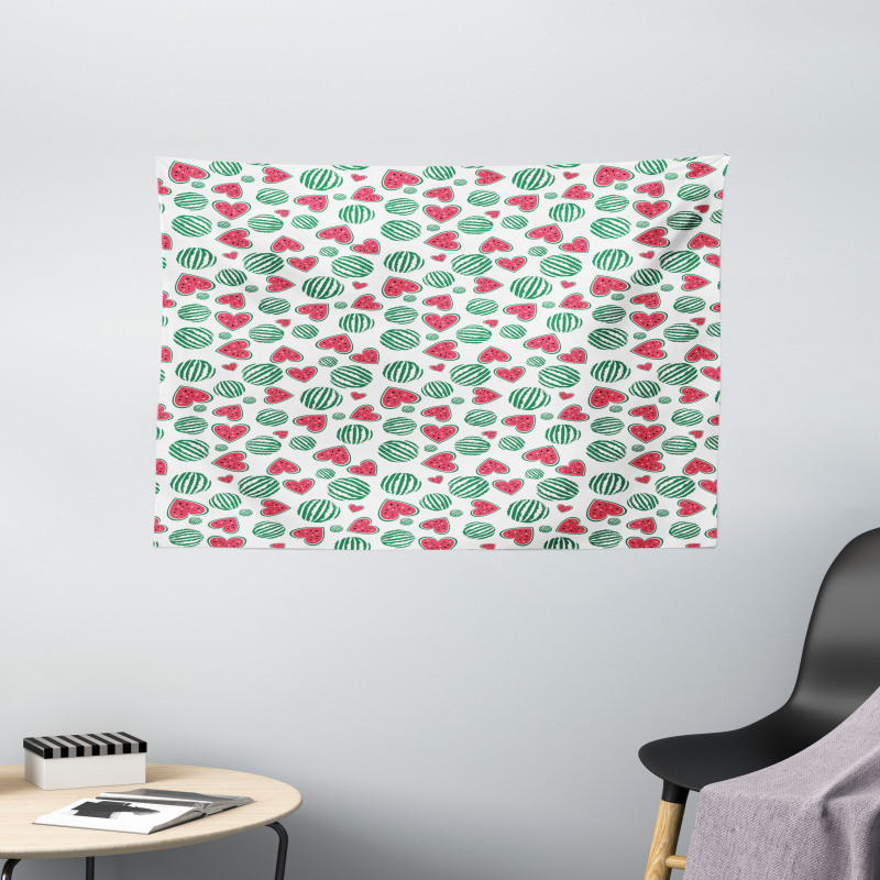 Watermelon Fruit Heart Slices Wide Tapestry