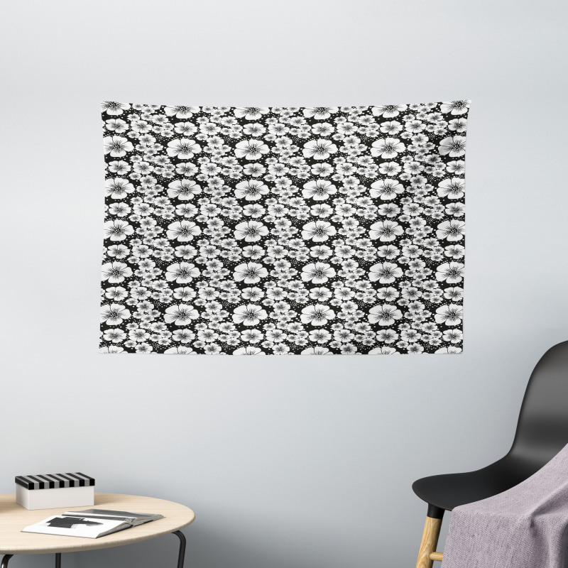 Monochrome Apple Blossoms Wide Tapestry