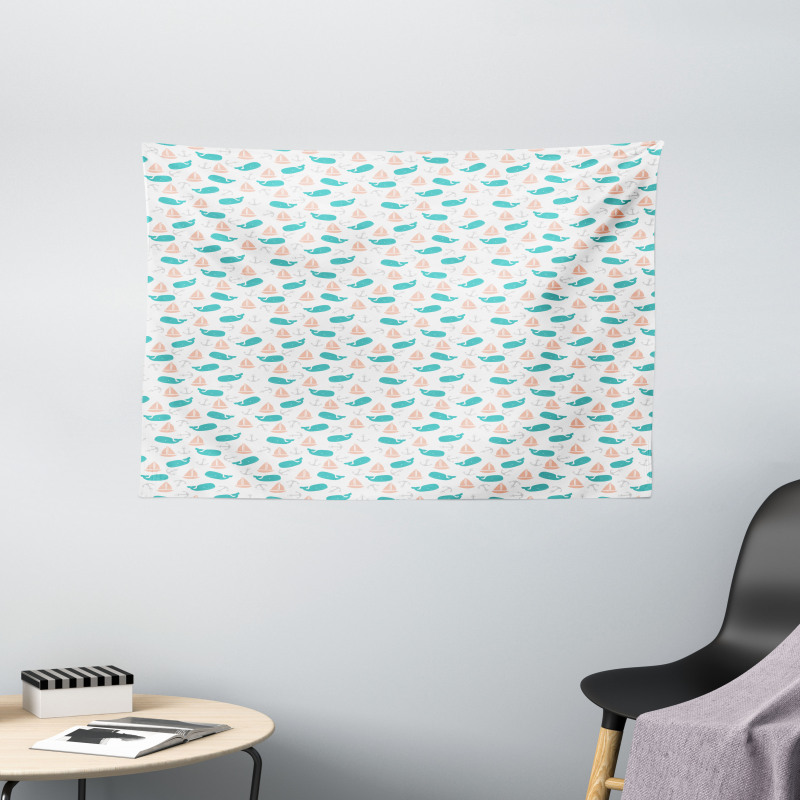 Boats Anchors and Whales Wide Tapestry