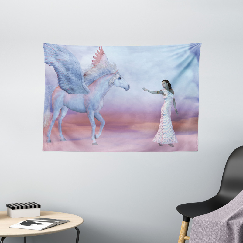 Dreamy Lady and Angel Horse Wide Tapestry