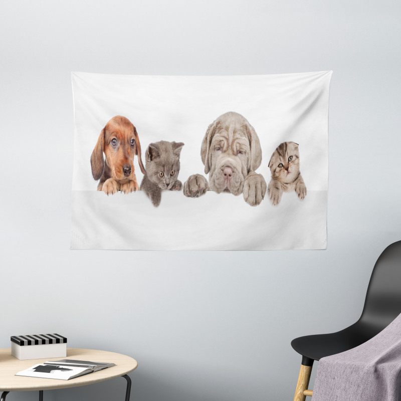 Pets Peeking over Wall Wide Tapestry