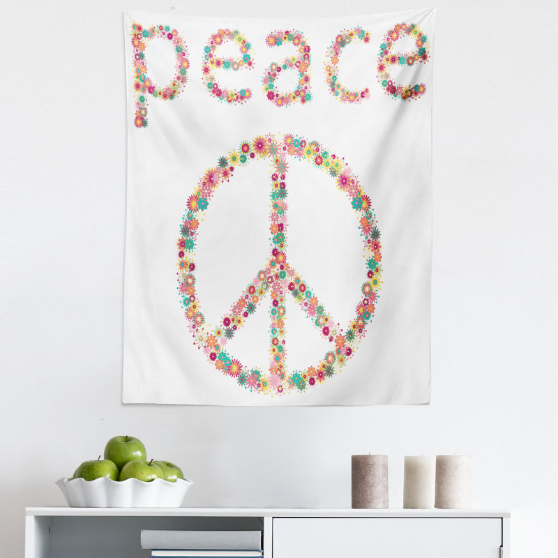 Rengarenk Mikrofiber Duvar Halısı Barış Sembolü Çiçekler Hippi Teması